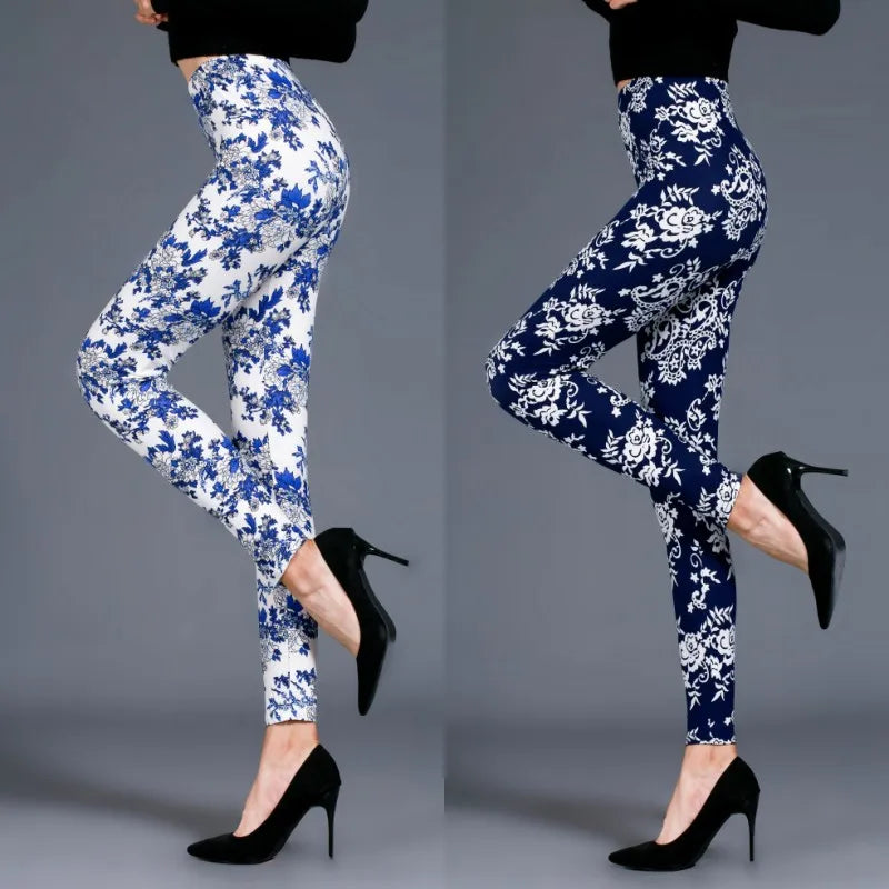 Women Skull Printed Leggins Fitness Leggings Elastic Waist High Waist Trousers Blue and white porcelain printing Leggings