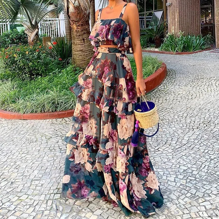 Women Summer Sexy Cake Skirt Sling Crop Top+Maxi Long Skirt Casual Floral Printed Ruffled High Waist Two Piece Set 2022 New