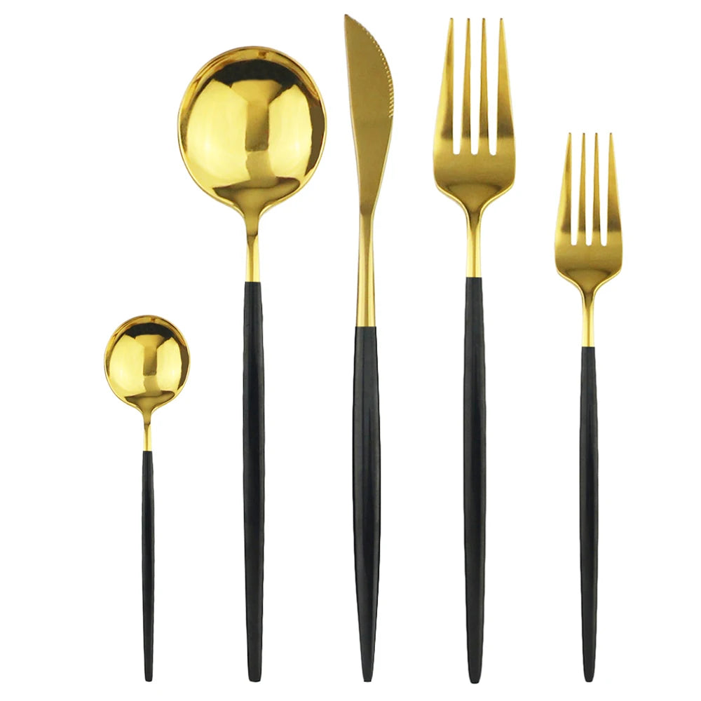 30Pcs Mirror Black Gold Cutlery Set Flatware Set Dessert Fork TeaSpoon 304 Stainless Stee Dinnerware Set Kitchen Tableware