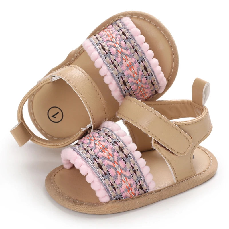 Summer Baby Girl Cute Flower Print Embroidered Sandal Soft Soled Comfortable Flat Shoes 0-18 Months Baby Baby Walking Shoes