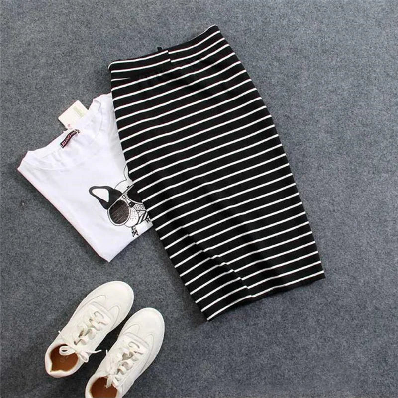 Korean Womens Black White Striped One-Step Skirt Spring Summer Woman Casual Pocket Mid-length Slim Bag Hip Skirts Female