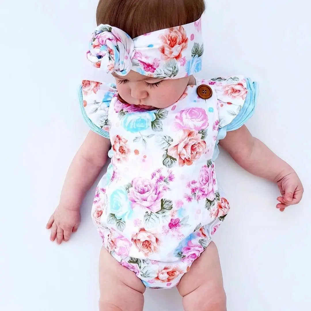 Baby Girls Floral Bodysuit Girl Jumpsuit Short Sleeveless Clothes Bodysuit+ Headband Sunsuit Baby Kids Outfit Newborn 2Pcs Set