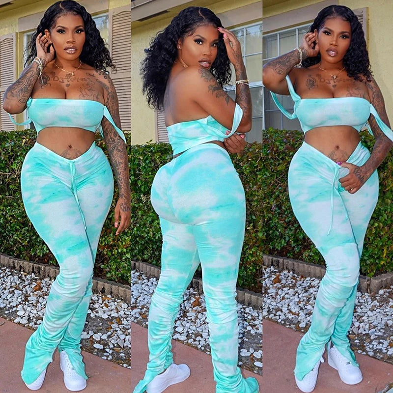 Slip Strap Tie Dye Bodycon Women Matching Sets Sexy Club Fashion Skinny 2 Piece Outfits Crop Top And Stacked Pants Set