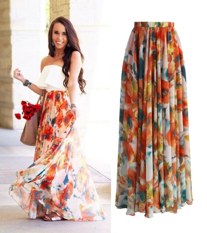 1PC popular Chiffon BOHO Womens Floral Jersey Gypsy Long Maxi Full Skirt Beach Sun Dress High quality Beautiful ladies dress