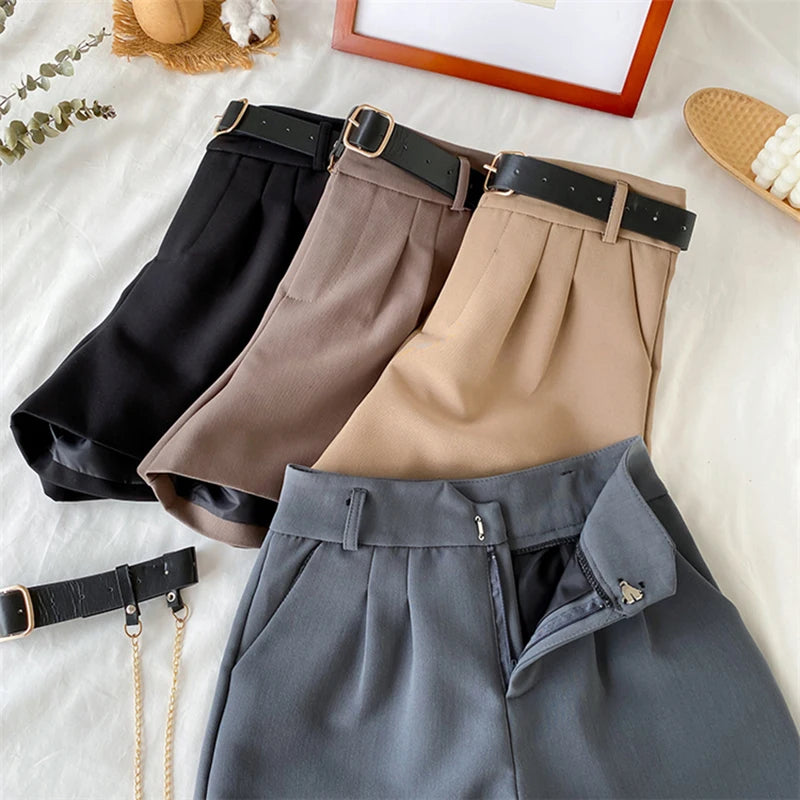 Women's Office Shorts High Waist Thin Wide Legged A-Line Suit Shorts Female Korean Style Casual New Short Pants with Belt