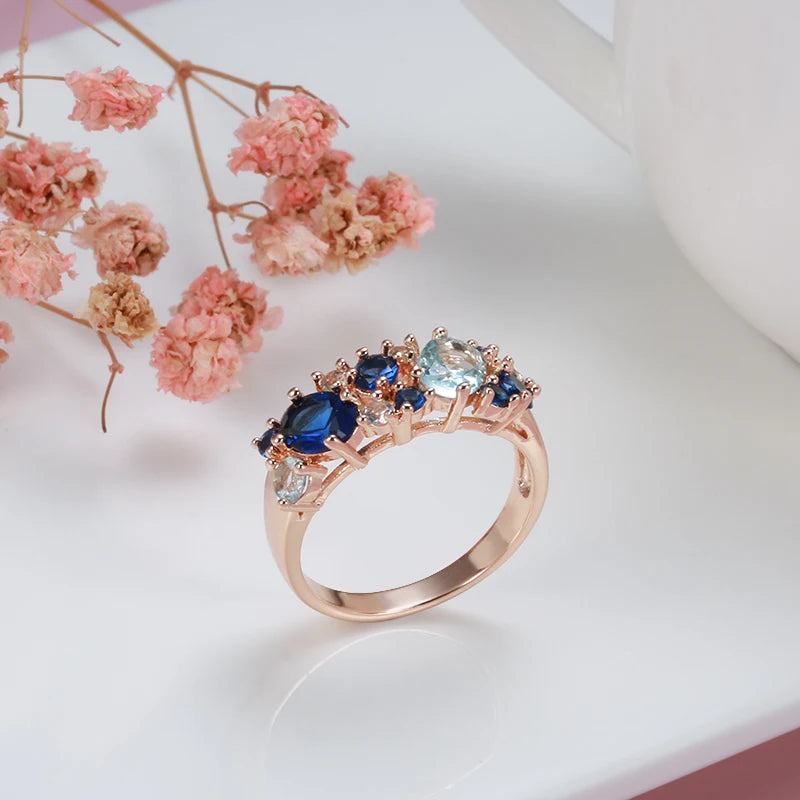 Kinel Luxury Blue Natural Zircon Ring for Women Trendy 585 Rose Gold Color Bride Wedding Party Daily Fine Vintage Jewelry Gift