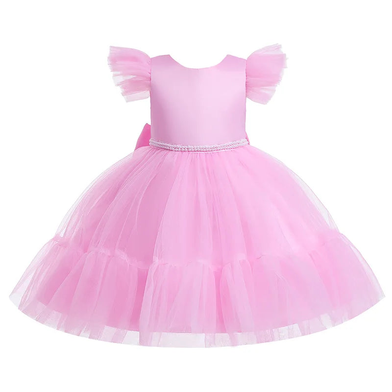 Pink Kid Girl Wedding Dress Baby Pageant Girl Party Princess Birthday Dress Children Clothes Bow Lace Gown Elegant Vestidos