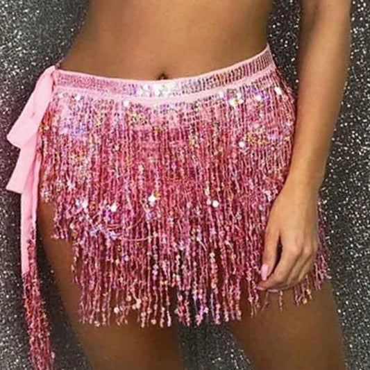 Women Boho Fringe Skirt Sexy Sequin Tassel Belly Dance Hip Scarf Rave Wrap Skirt Belt Performance Custume Skirt 2021