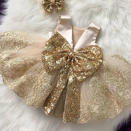 2024 Summer Sequin Big Bow Baby Girl Dress 1st First Birthday Party Wedding Dress For Girl Princess Evening Dresses Kid Clothes