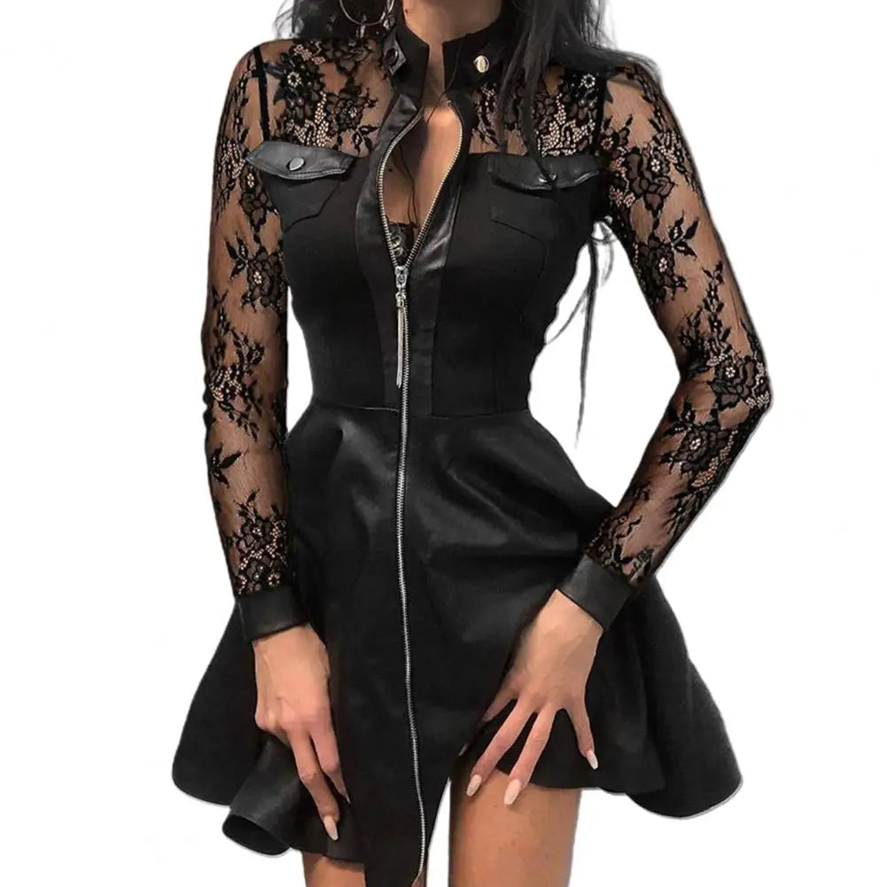 Women Long Sleeve Zipper Pocket Large Hem Faux Leather Lace Mini Dress Women's Clothing Elegant Fashion Party Dress vestidos 5XL