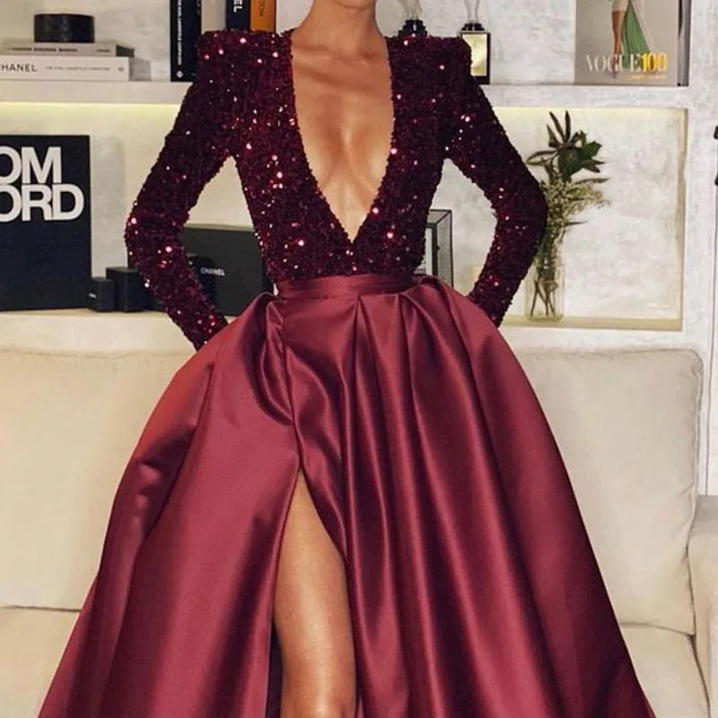 2021 New fashion sexy high quality sequined Red women's long sleeve evening dress Women's deep V neck evening dress