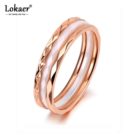 Lokaer Trendy Titanium Stainless Steel White/Black Cut Ceramic Ring Jewelry Wedding Engagement Rings For Women R19135