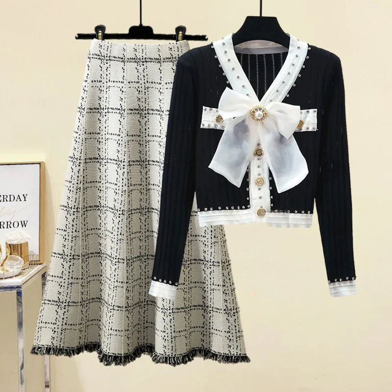 Women Autumn Winter Vintage fragrant Knitted Two Pieces Sets Korean Long Sleeve Knit Cardigan And High Waist Plaid Skirts Sets