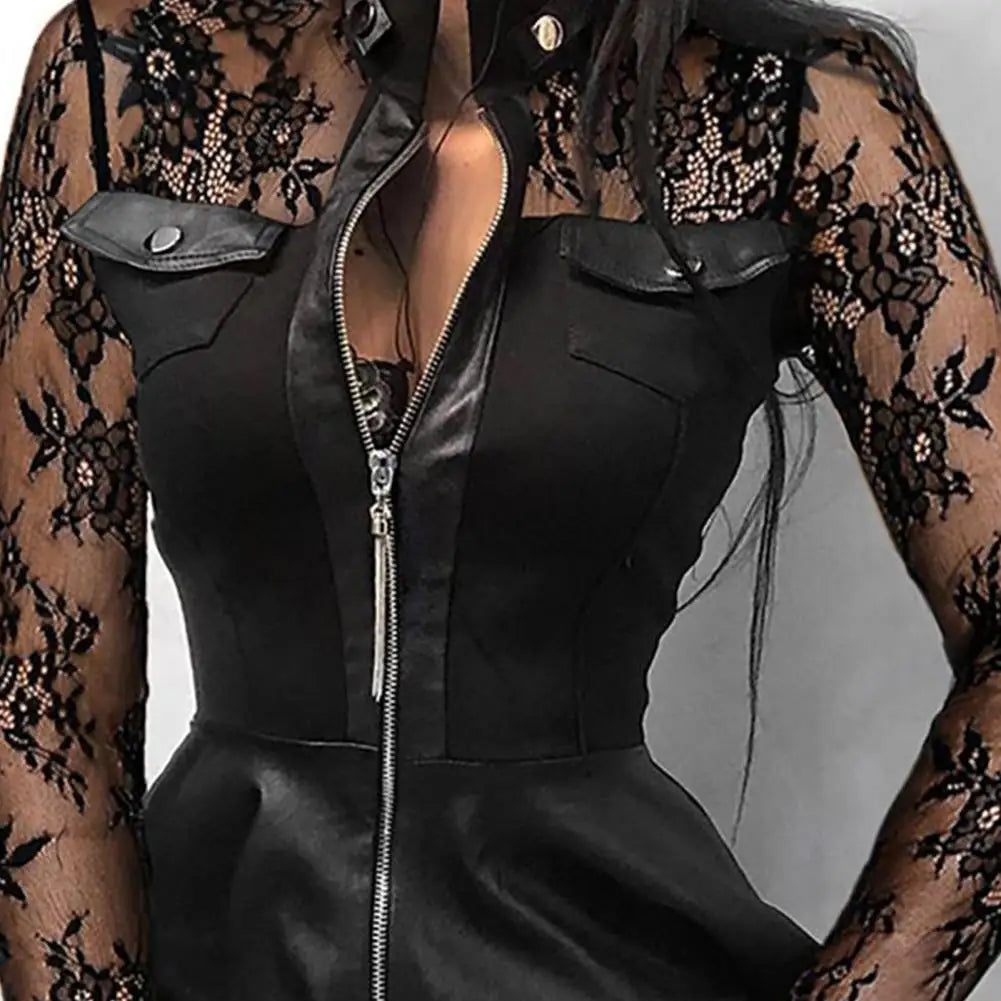 Women Long Sleeve Zipper Pocket Large Hem Faux Leather Lace Mini Dress Women's Clothing Elegant Fashion Party Dress vestidos 5XL