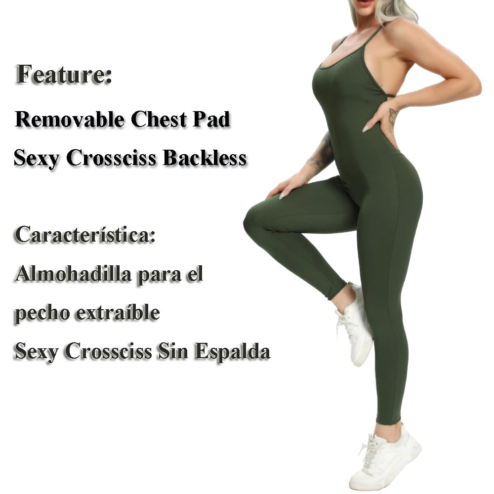 Sport Female Jumpsuit Back Cross Bodysuits For Women Removable Chest Pad Activewear Fitness One Piece Push Up Sexy Rompers