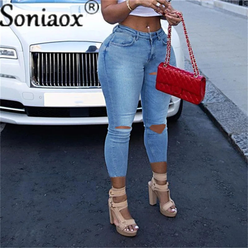 Sexy Bandage Lace Up Grommet Women Denim Pants Blue High Waist Pencil Jeans Pants Skinny Bodycon Hole Street Ripped Trousers