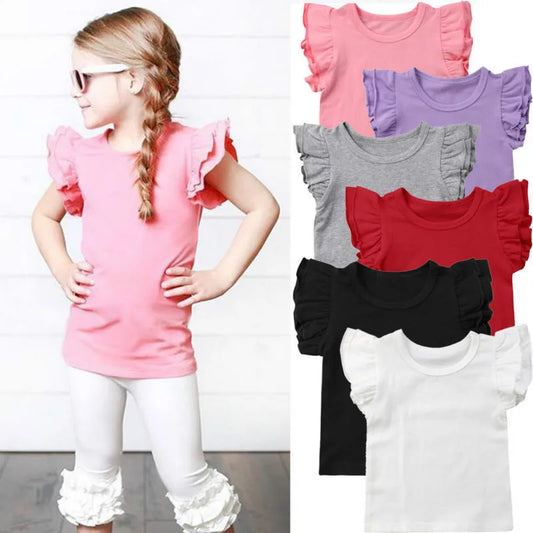 0-6Y Cute Newborn Toddler Kids Baby Girl T Shirts Clothes Fly Sleeve Solid Color Cotton T-shirt Tee Outfits Summer Clothes