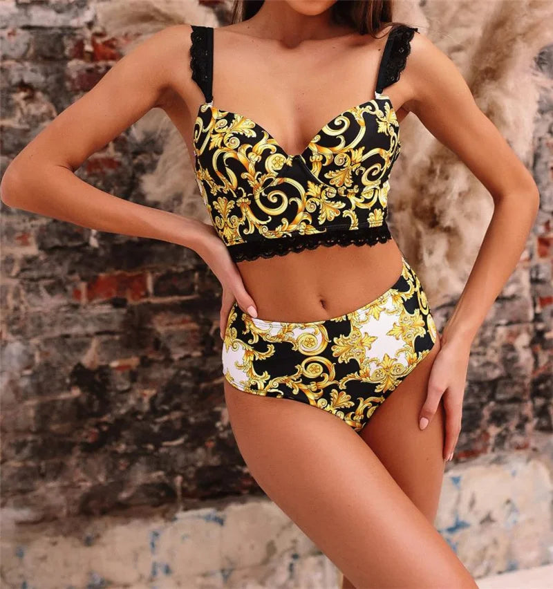 Sexy Vintage Print Women's Bikini Set Lace Strappy Padded Bra High Waist Bottoms Swimsuit Fashion Female Beachwear Swimwear