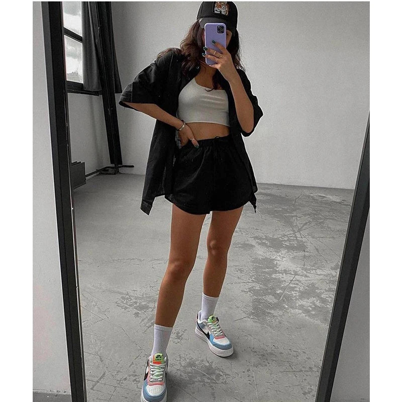 Summer Casual Tracksuit Women's Shorts Suits Green Streetwear Short Sleeve Shirt Tops Loose Drawstring Mini Shorts Two Piece Set