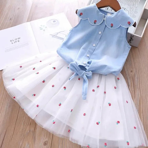 2021 Summer Girls' Clothing Sets Denim Flower Embroidered Lapel Top+Net Yarn Skirt 2PCS Suit Princess Baby Kids Children Clothes