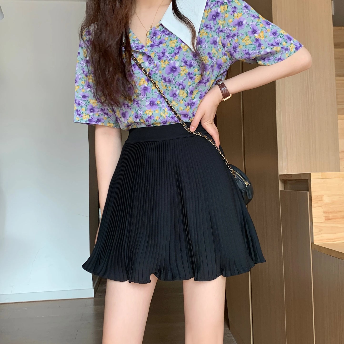 New college style high waist retro A-line pleated skirt women