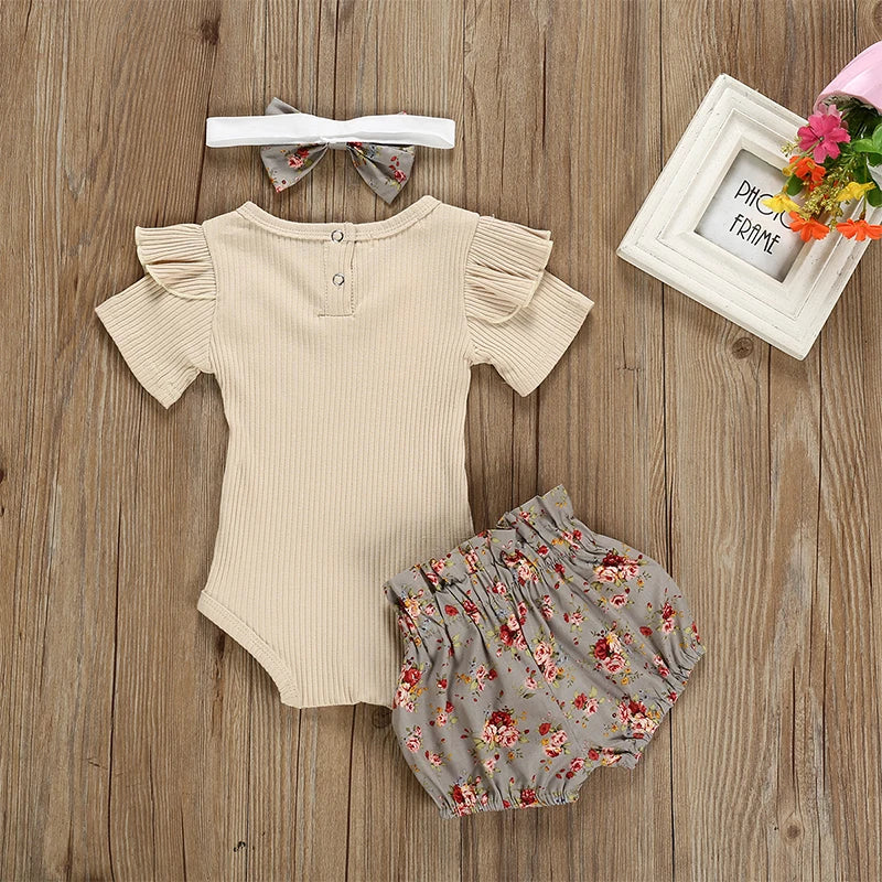 Summer Newborn Baby Girl Clothes Set Solid Color Short Sleeve Ruffle Romper Tops Flower Short Pants Headband 3Pcs Infant Outfits