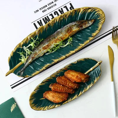 Luxury Ceramic Platter Storage Tray with Glod Rim Green Leaf  Feather Jewelry Makeup Brush  Decorative Sushi Plate