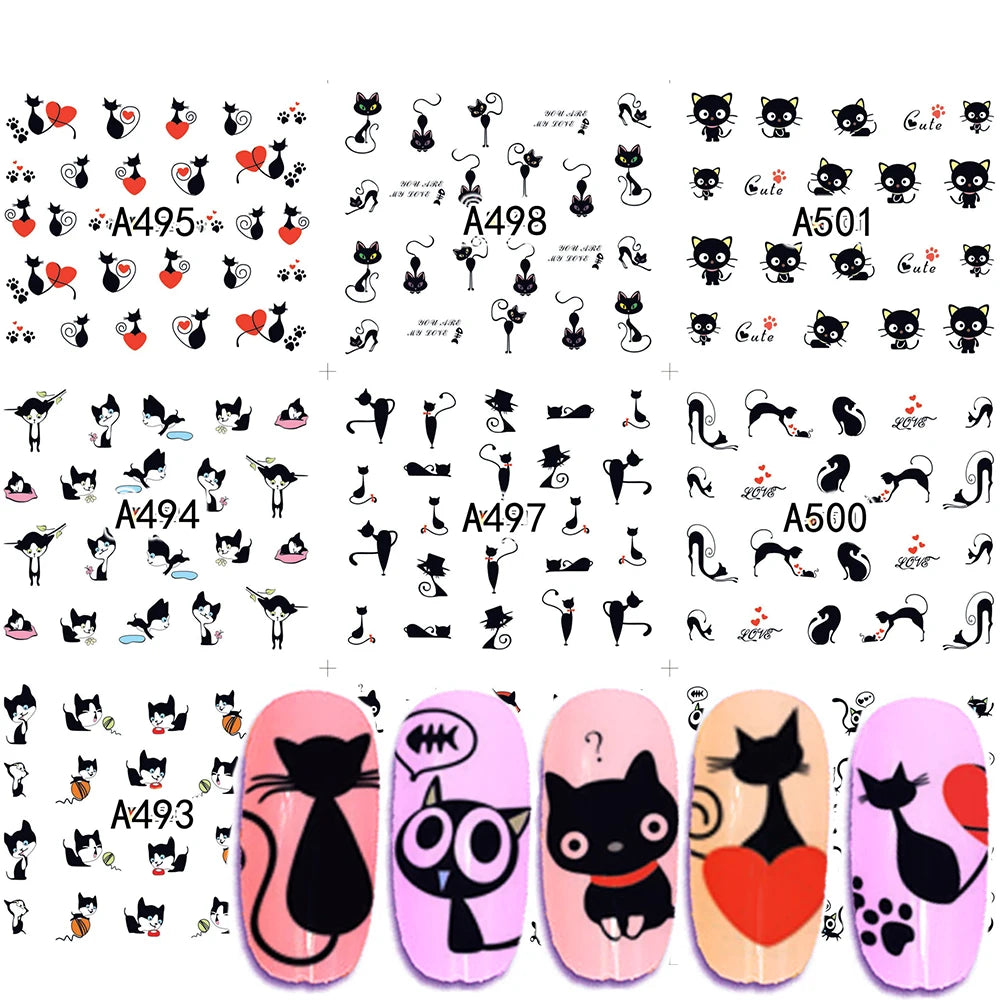 12pc Design In 1 Set Cute Cartoon Cat Nail Sticker Water Transfer French Tips Manicure Pedicure DIY Nails Watermark BEA493-504-1