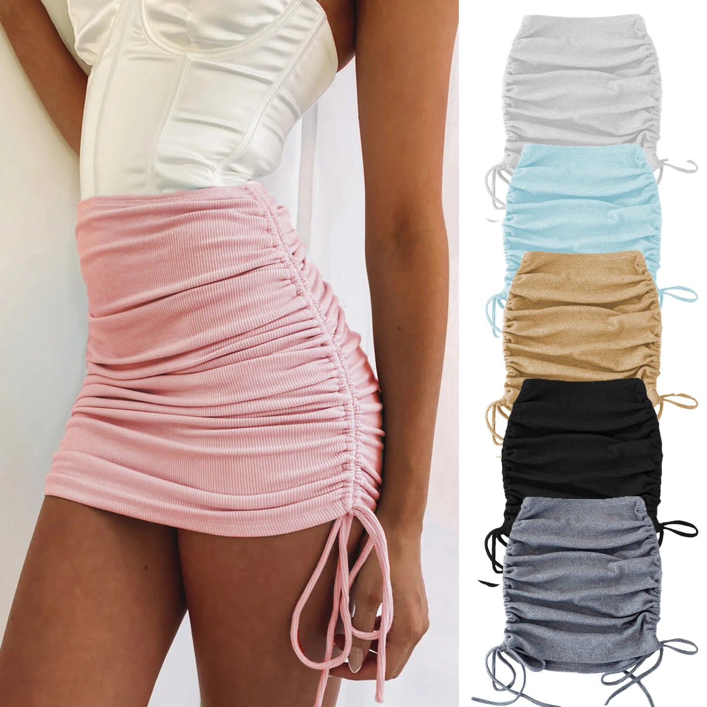 woman Summer mini skirts solid color cotton folds ladies knitting thread side draw string elastic sexy skirts womens WSL4321