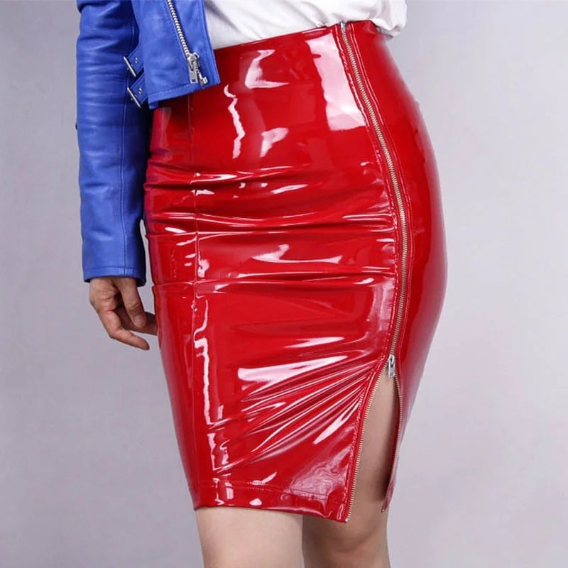 Red Black PU Leather Skirt Women New Sexy High Waist Bodycon PVC Skirt Office Pencil Zipper Faux Leather Club