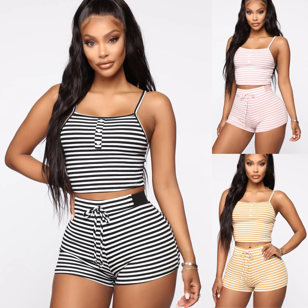 Hirigin 2PCS Women Sleepwear Summer Casual Bodycon Striped Crop Top and Shorts Outfits Clothes Sport Pajama Sets