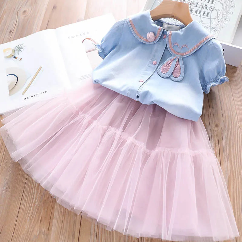 2021 Summer Girls' Clothing Sets Denim Flower Embroidered Lapel Top+Net Yarn Skirt 2PCS Suit Princess Baby Kids Children Clothes