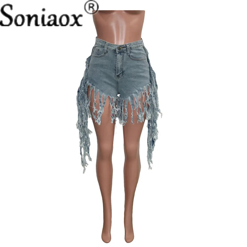 2021 Women Summer Shorts Jeans Tassel High Waist Casual Zipper Fly Jeans Ladies Street Night Club Skinny Denim Shorts