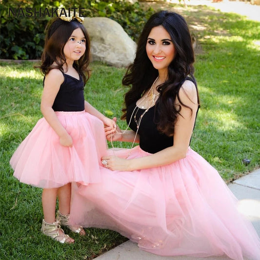 Mom and Daughter Dress Pink Patchwork Mesh Princess Dress Mother and daughter clothes Family Look Mother daughter dresses