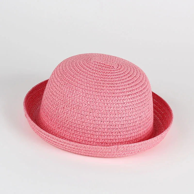 Wholesale Baby Straw Hat Solid Color Kids Character Decoration Infant Sun Hats Girl Boys Bucket Cap Children Beach Panama Caps