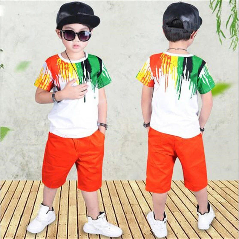 2022 New Summer Boys Clothing Set Casual Hip-hop Stripe Colorful T-Shirt + Pants 2Pcs Suit Kindergarten Performance Kids Clothes