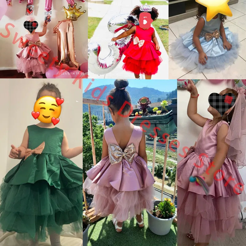 2024 Summer Sequin Big Bow Baby Girl Dress 1st First Birthday Party Wedding Dress For Girl Princess Evening Dresses Kid Clothes