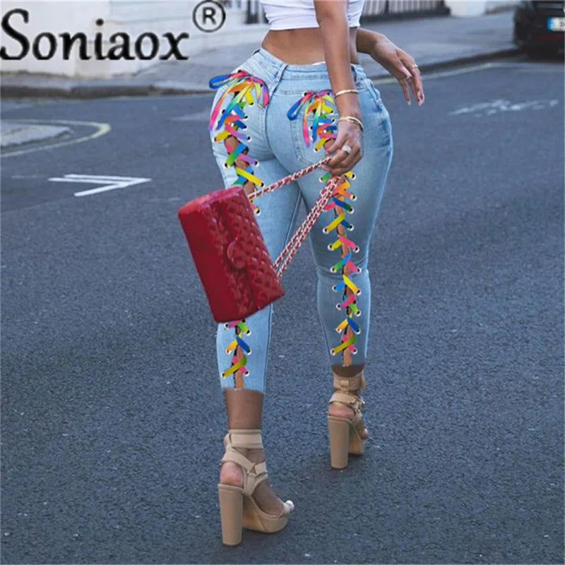 Sexy Bandage Lace Up Grommet Women Denim Pants Blue High Waist Pencil Jeans Pants Skinny Bodycon Hole Street Ripped Trousers