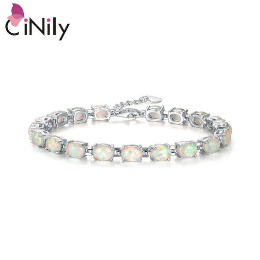 CiNily Blue & White Fire Opal Stone Chain Bracelets Silver Plated Oval Fine Link Bracelet Bohemia BOHO Summer Jewelry Woman Girl