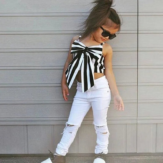 New Baby Girls Fashion Set Stripe Camisole Bow Tops+White Hole Denim Pants Kids 2 Pieces Outfits Birthday Party Children Clothes