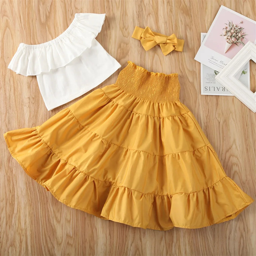 Toddler Kids Baby Girls Off Shoulder Ruffle Top Shirt Elastic Waist Dress Headband 3Pcs Solid Summer Outfit Set Clothes 2-7T