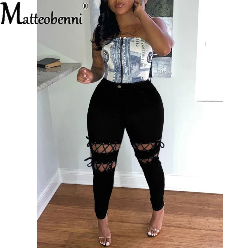 New Fashion Women Solid Lace-up Hollow Out Jeans 2024 Winter Lady's Streetwear High Waist Skinny Denim Pencil Pants