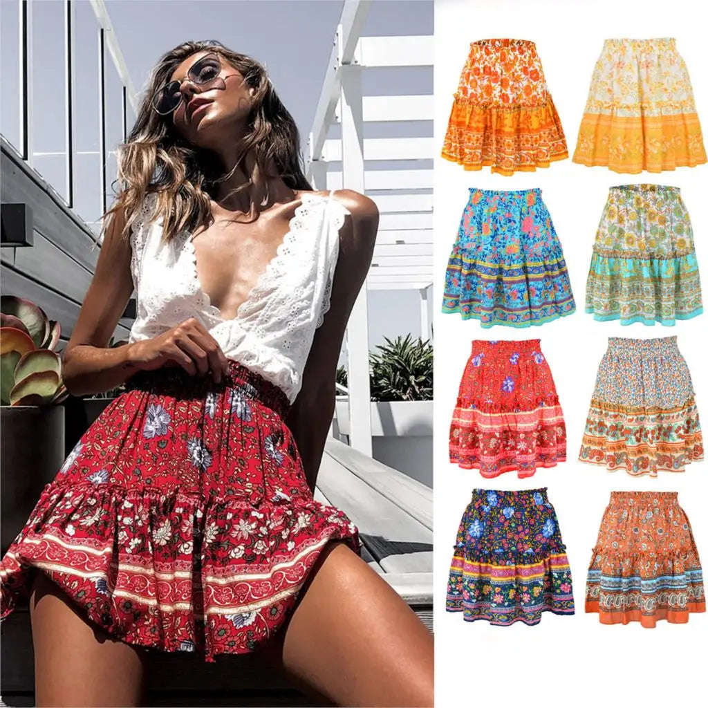 woman skirts harajuku hot style celebrity printed Bohemian national wind ruffled skirts womens WSL4201