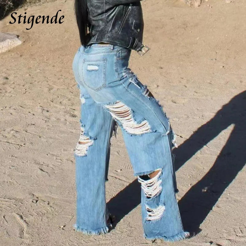 Stigende Women XXXL Denim Pants Wide Leg Ripped Jeans Streetwear Sexy Hollow Out Patchwork Shredded Jeans Fashion Trousers