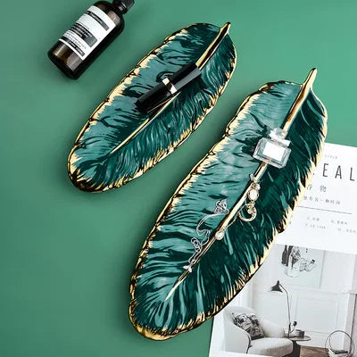 Luxury Ceramic Platter Storage Tray with Glod Rim Green Leaf  Feather Jewelry Makeup Brush  Decorative Sushi Plate