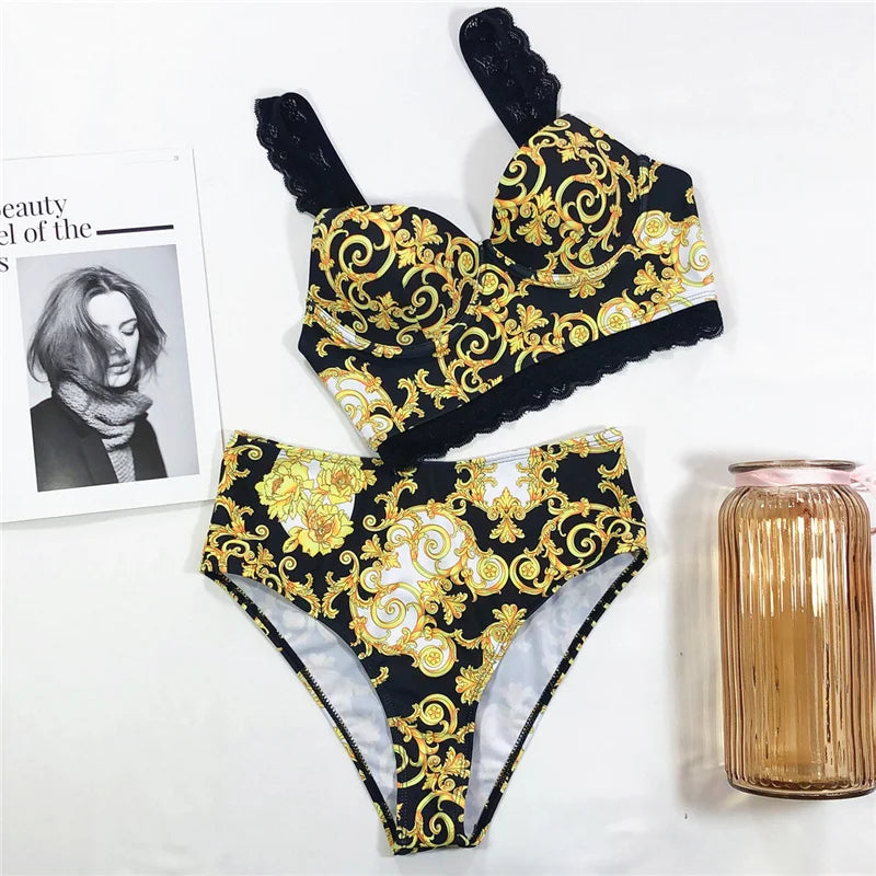 Sexy Vintage Print Women's Bikini Set Lace Strappy Padded Bra High Waist Bottoms Swimsuit Fashion Female Beachwear Swimwear