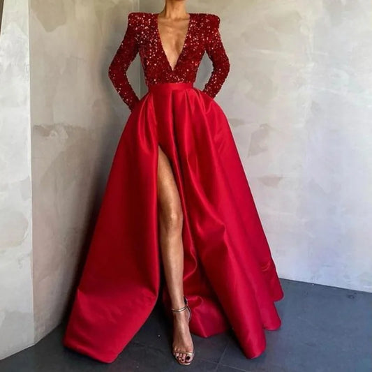 2021 New fashion sexy high quality sequined Red women's long sleeve evening dress Women's deep V neck evening dress