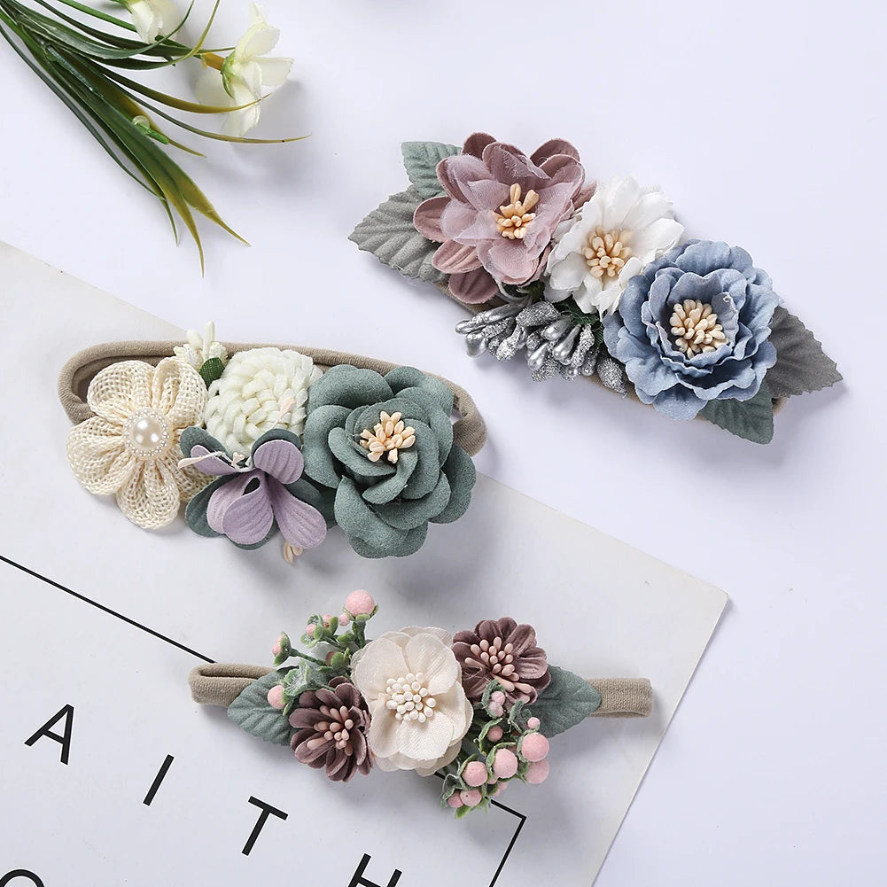 2Pcs/3Pcs/Lot Artificial Flower Baby Headband Newborn Boy Girl Pearl Elastic Nylon Hair Band Child Photography Props Headwraps