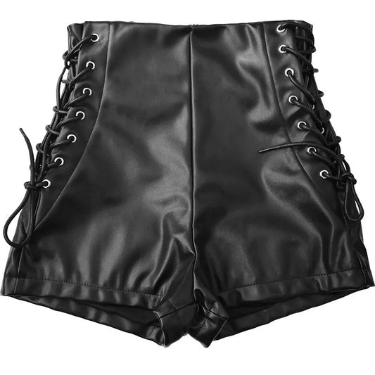 Black Pu Leather Bandage Shorts Women's High Waist Buttock Elastic Tight Sexy Boots Shorts