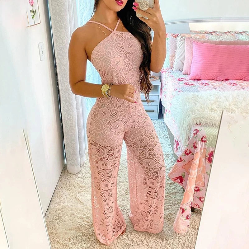 Elegant Jumpsuit Women 2022 Summer Halter Sleeveless Crochet Lace High Slit See Through Holiday Long Sexy Long One Piece Suits